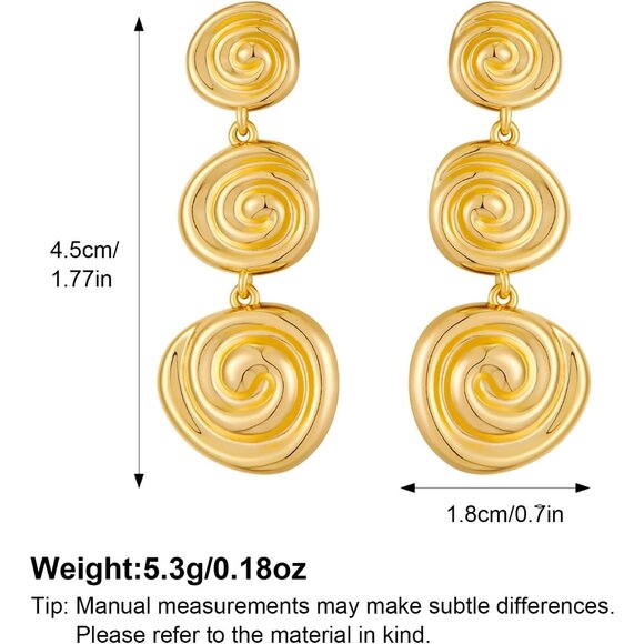 14K B Gold Pleated Boho Hammered Statement Finish Dangle Drop Earring for Women - Picture 6 of 6